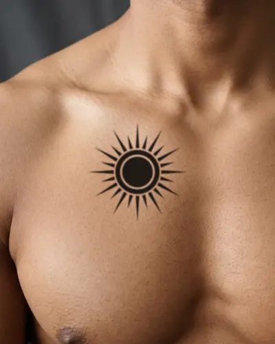 Blackwork sun tattoo on a chest, preview