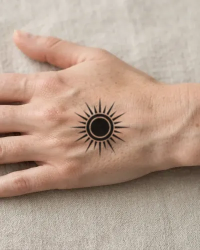 Blackwork sun tattoo on a hand, preview