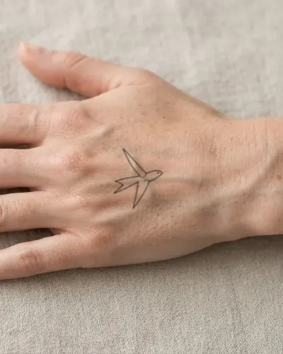 Fine line swallow tattoo on a hand, preview