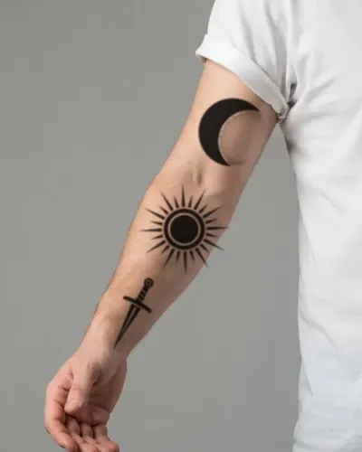 Blackwork sun tattoo on a sleeve, preview