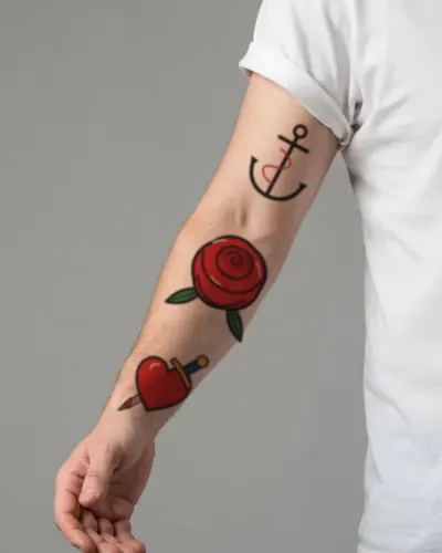 Traditional rose tattoo on a sleeve, preview
