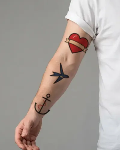 Traditional swallow tattoo on a sleeve, preview