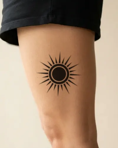 Blackwork sun tattoo on a thigh, preview