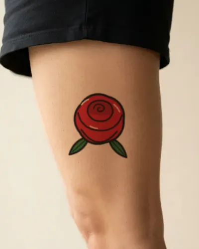 Traditional rose tattoo on a thigh, preview